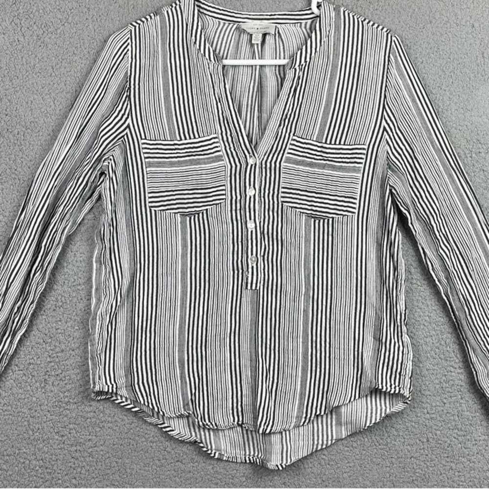 Lucky Brand Women's Small Button Up Shirt Black/White Vertical Stripes Pockets